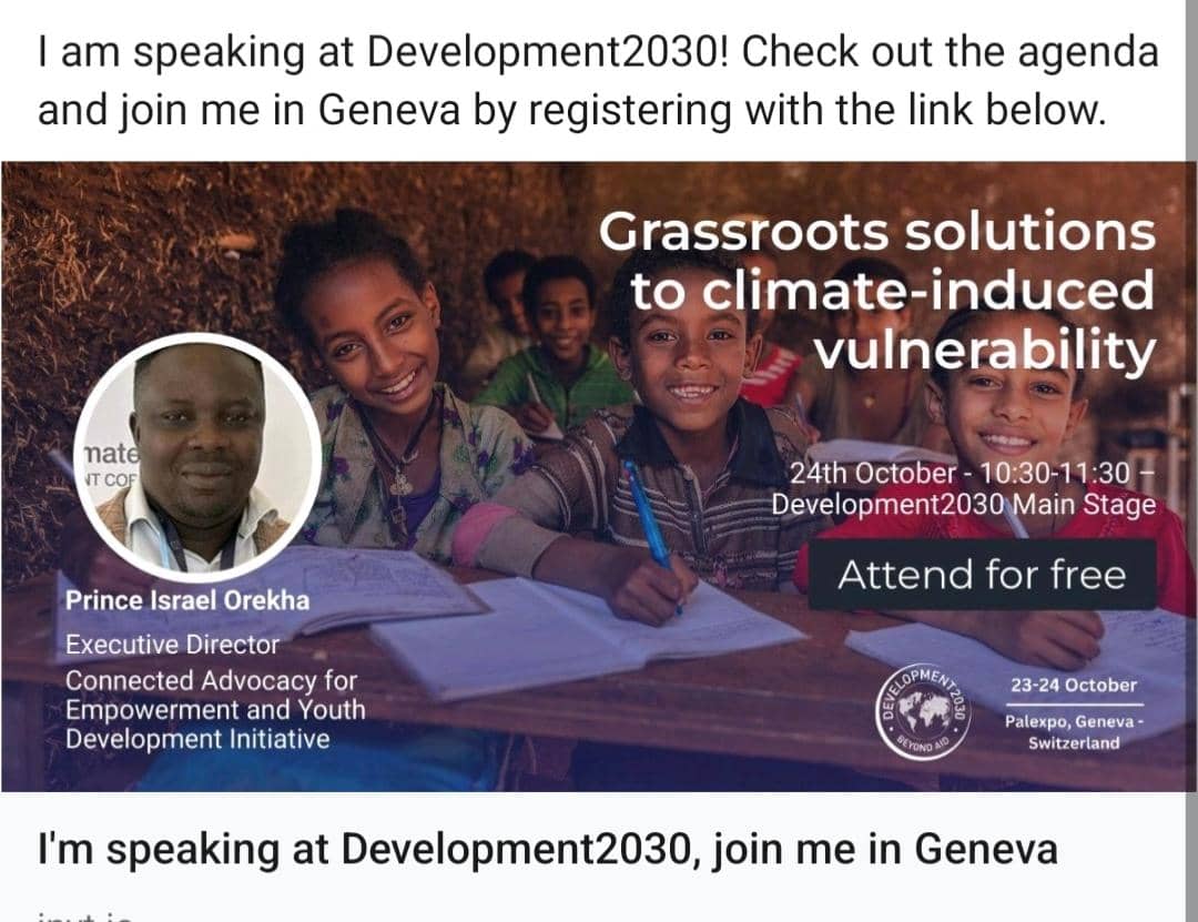 Prince Israel Orekha joins Panelists to discuss grassroots solutions for climate induced vulnerability at Geneva