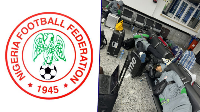 Nigeria-Football-Federation-logo-left-and-Nigeria-players-stranded-inside-Libya-airport-right