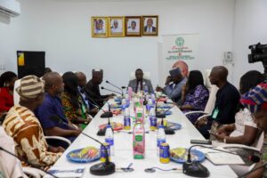 At the National Institute for Cancer Research and Treatment NICRAT, Abuja- seated centre of Table: The Honourable Minister of State for Health & Social Welfare Dr. Iziaq Adekunle Salako: On his Left Dr. Salaudeen Jimoh Director Hospital Services Department of the Ministry & Dr. Ugbo Special Assistant Technical to the Hon. Minister:  Right of Hon.Minister,The Director-General NICRAT, Dr. Usman Malami Aliyu: in an interactive session with the Management Staff.