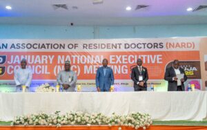 Dr. Iziaq Adekunle Salako Honourable Minister of State for Health &  Social Welfare delivering a keynote address during the Nigerian Association of Resident Doctors 2025 January National Executive Council Meeting/Scientific Conference, held @ the Royal Inn Hotel, Abuja.