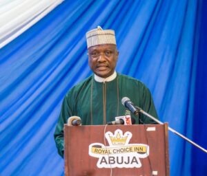 The Permanent Secretary,  Federal Ministry of Water Resources and Sanitation, represented by the Director of Reform Coordination, Mr. Moses Jo-Madugu, delivering the Permanent Secretary’s Welcome Remarks at the National Retreat on ‘Clean Nigeria: Use the Toilet’ Campaign.